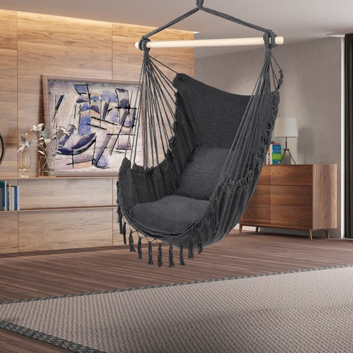 Hamacas, Hamaca UZOURI, con Cojines Acolchados y Barra de Madera, con Elegantes borlas para Patio, jardín, Exterior e Interior, Gris, 130 x 100 cm.