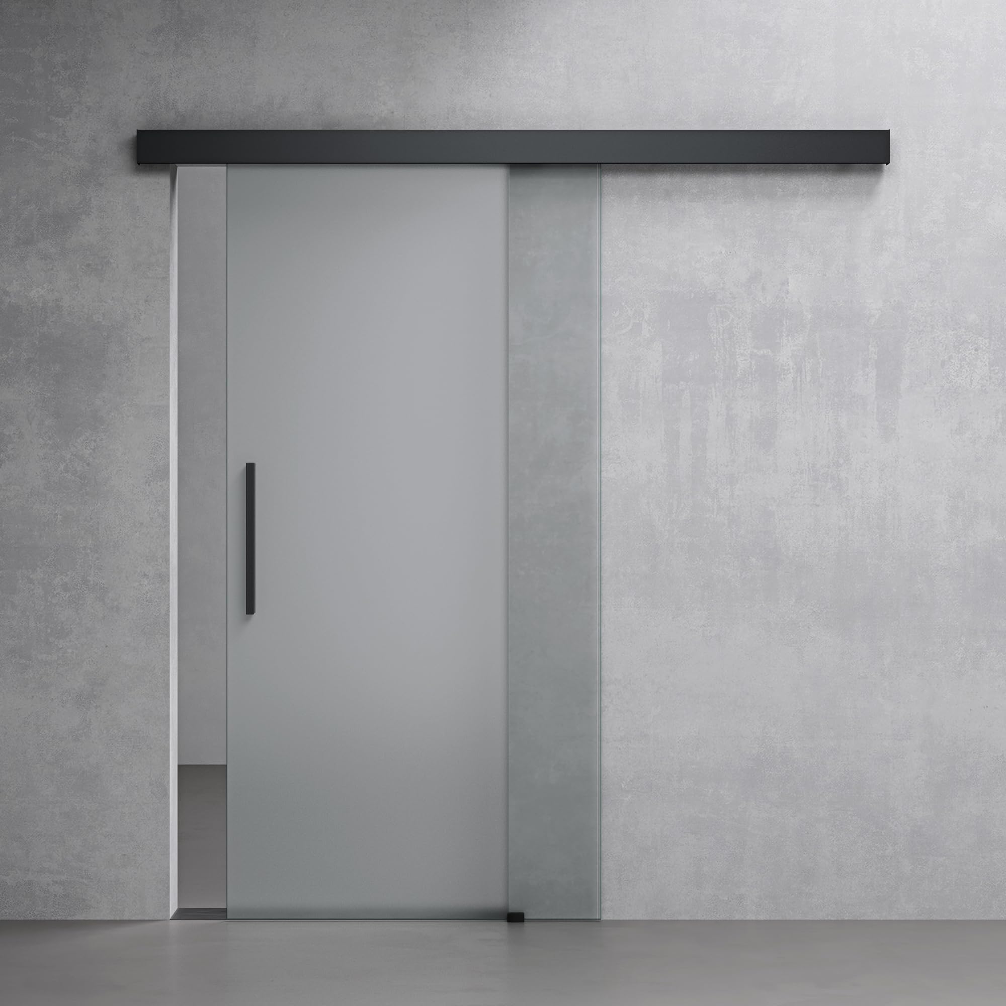 Mai & Mai Porta Scorrevole in Vetro 102.5x215cm, Porta Scorrevole in Vetro Satinato 8mm con Binario e Maniglia Per Asta, Distanza dal Muro 25mm, Nero, Amalfi-plus 14H