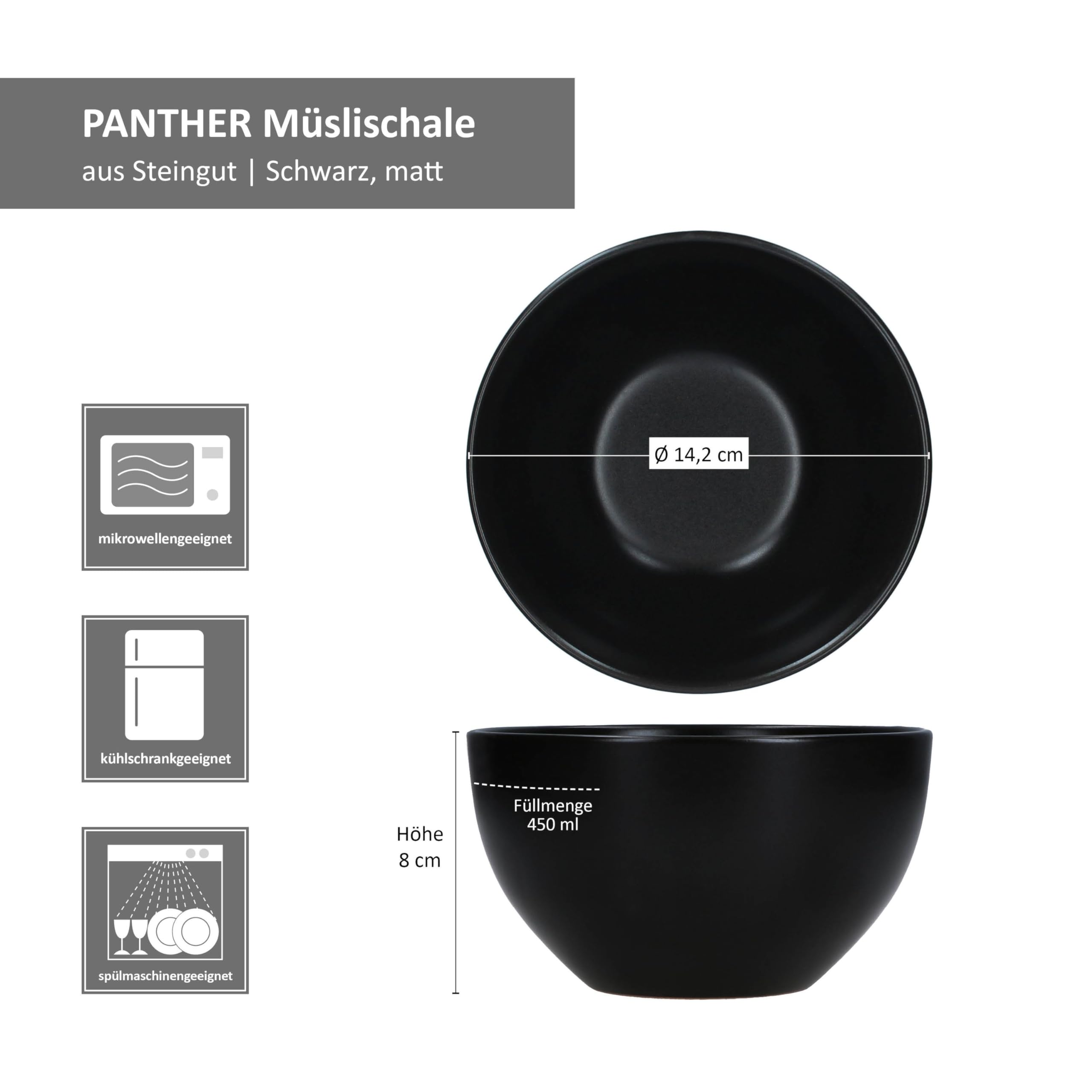 MamboCat Panther - Lot de 6 bols en faïence mat - 14,2 cm - Noir - 450 ml - Pour 6 personnes - Pour salade, soupe, céréales, chips, etc. - Vaisselle pour petit-déjeuner, déjeuner et dîner