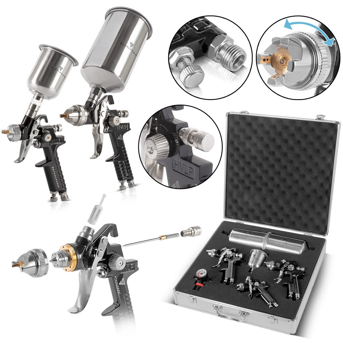 STAHLWERK HVLP Lackierpistolen Set SGS-1125 ST 21 Teile mit 3 Druckluft Lackierpistolen, 0,8/1,4/1,7 mm Düsensatz, Lackierpistolen-Halter (3 Lackierpistolen Set)