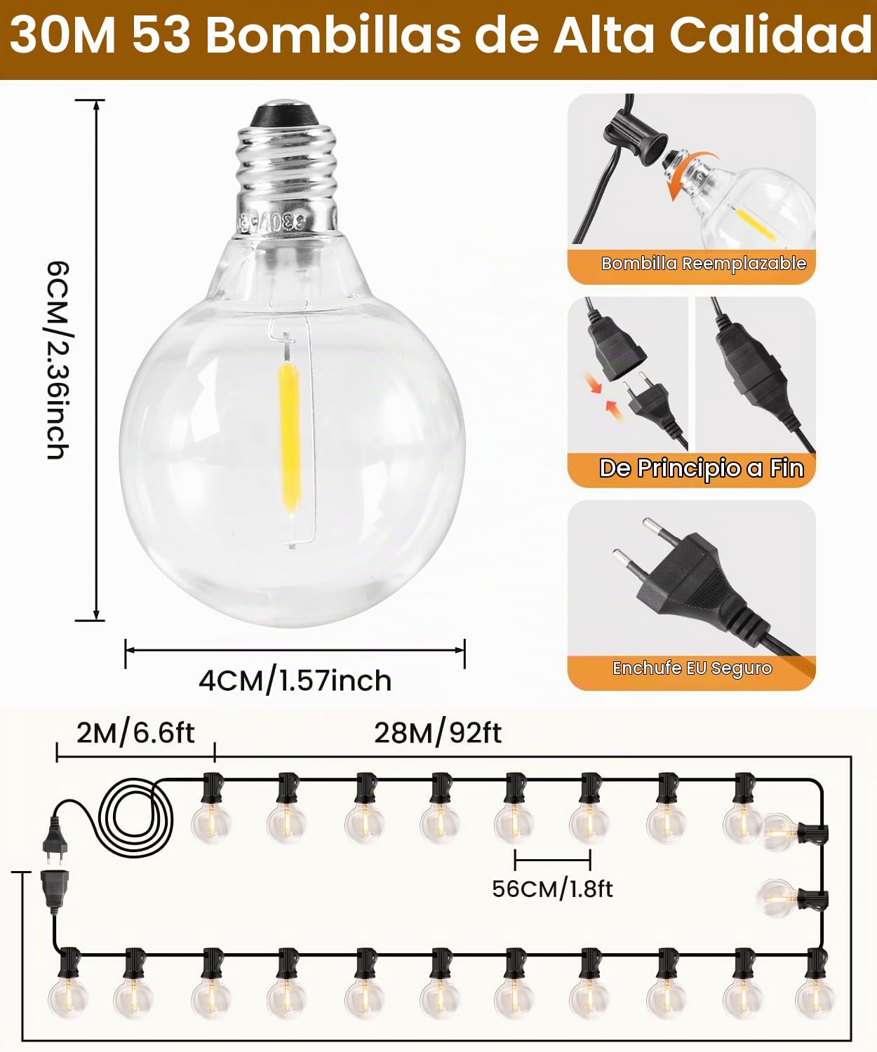 Guirnalda Luces Exterior, 30M 50+3 G40 Bombillas Luces Led Interior Jardin Inastillable, 2700K Impermeable Cadena Luces con Enchufe Ideal para Terraza,Fiestas,Bodas,Patio,Cafe,Pergola,Navid