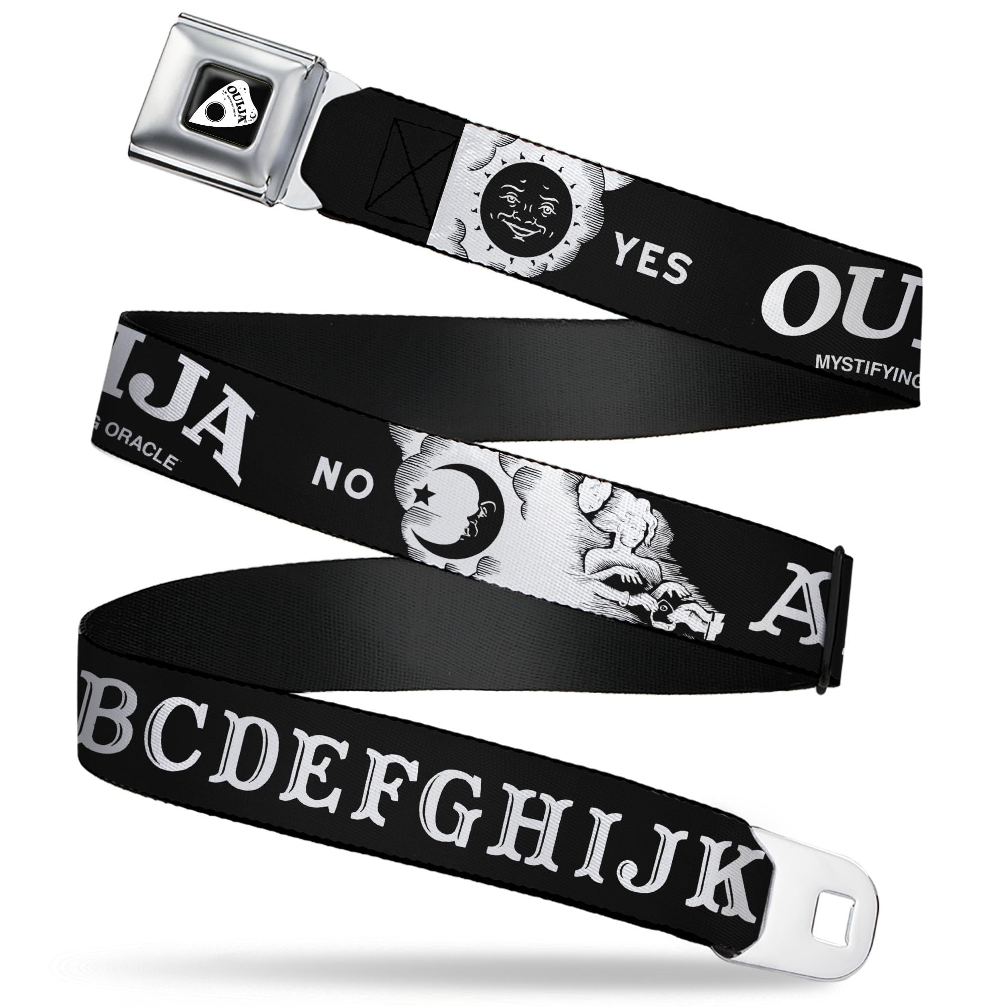 Ouija Board Belt, Seatbelt Buckle, Ouija Board Letters and Elements Black White