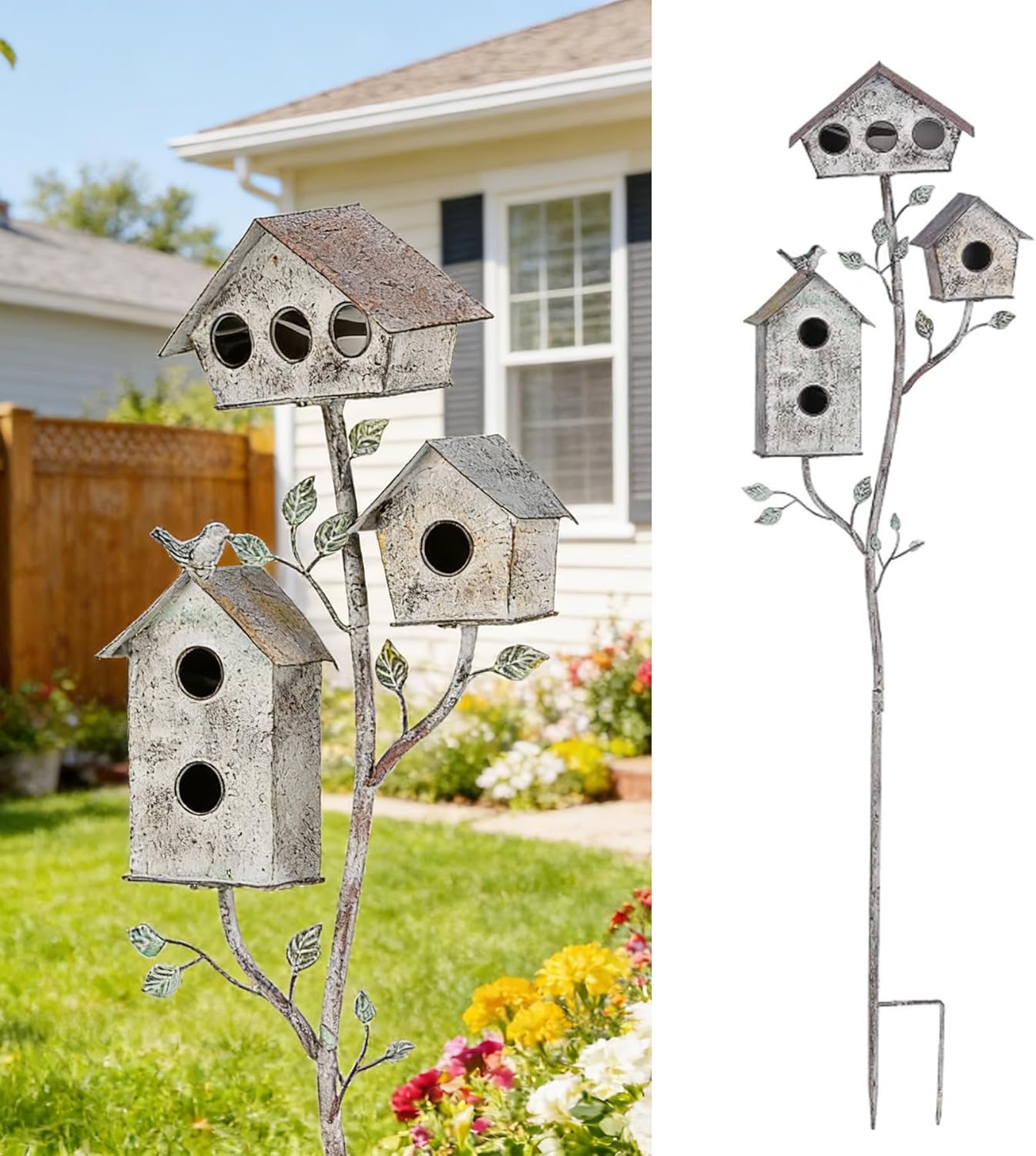 Multi-Bird Houses for Outside with Pole, Durable Birdhouse on Stake, 3 Rooms, Metal Bird Houses for Outside, Garden Yard Decor