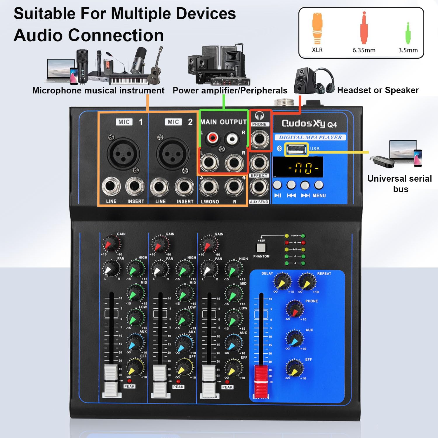 Mixer Audio Professionale Scheda Audio Console Interfaccia Sistema 4 Canali USB Digitale Bluetooth MP3 Ingresso Computer 48V Phantom Power Stereo DJ Studio Streaming