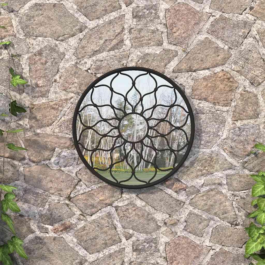Espejo de jardín negro redondo 40 x 3 cm marco de hierro espejo decorativo para exterior espejo de pared con diseño de flores para reflexión de jardín y dirección de luz