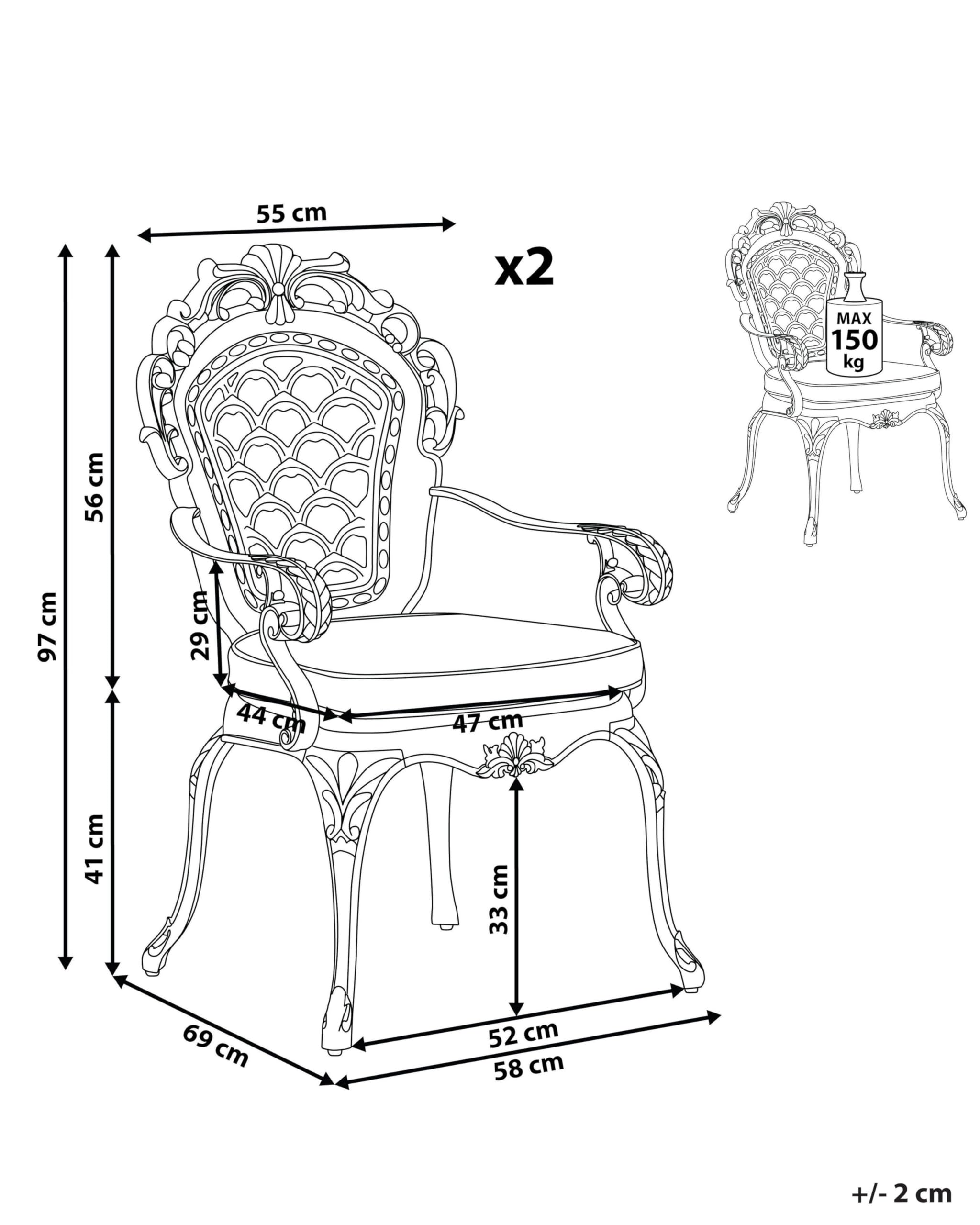 Lot 2 CHaises de Jardin en Aluminium Effet Métal Vieilli Marron Cuivré avec Accoudoirs et Dossier Décoratifs pour Jardin ou Terrasse Classique Beliani