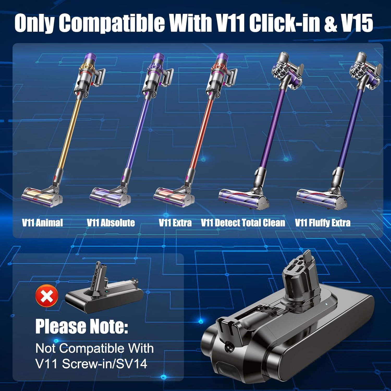 Bateria para Dyson V15 Montaje por Clic, Batería de Repuesto Compatible con Dyson V15 SV15 SV16 SV22 SV28 V11 Absolute Aspiradora（No para Montaje Atornillado）