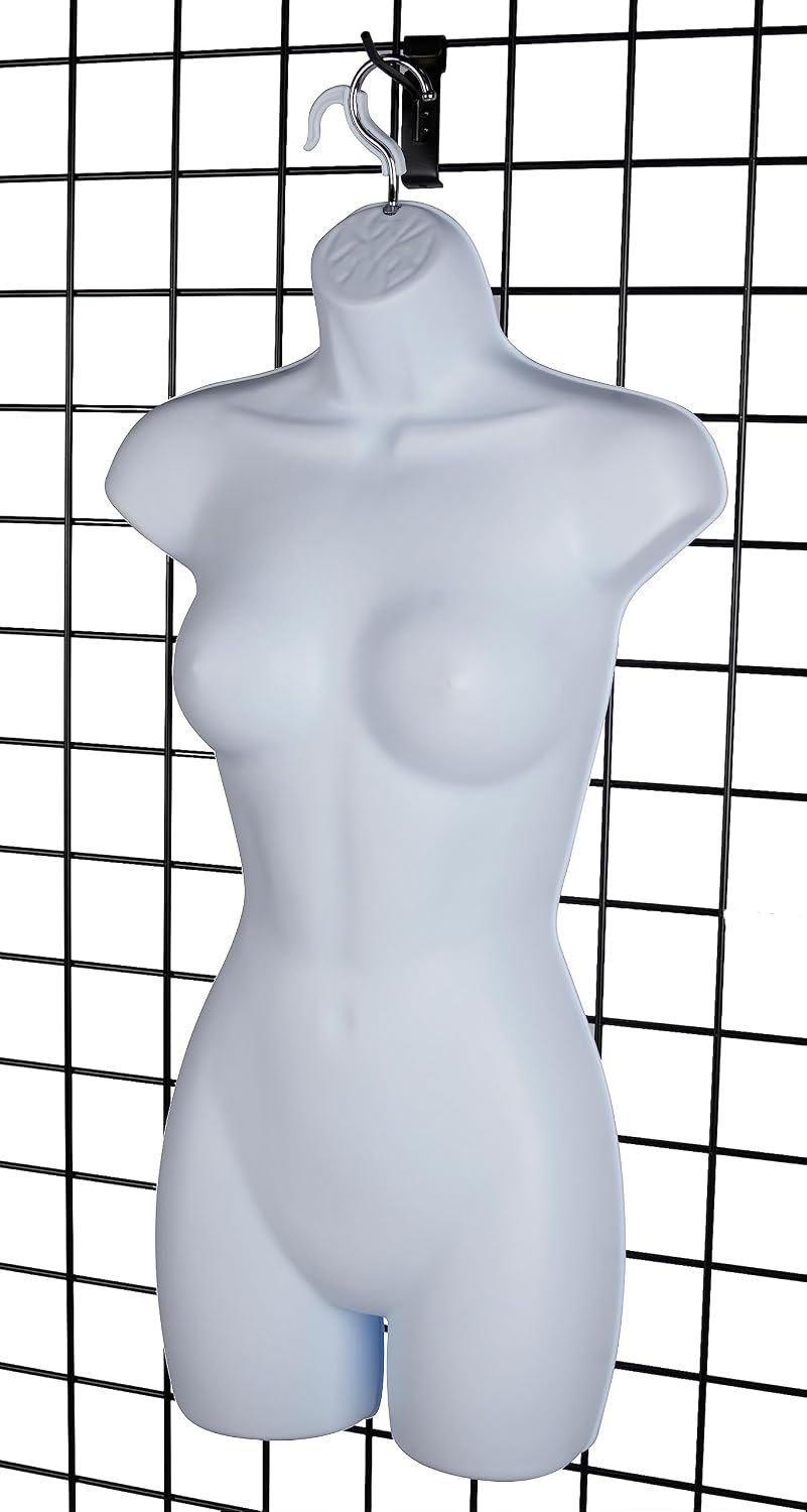 Female Molded Shatterproof White Shapely Torso Form with Hook - Fits Women’s Sizes 5-10 - Hanging Fashion Form Mannequin to Display Top and Bottom Merchandise