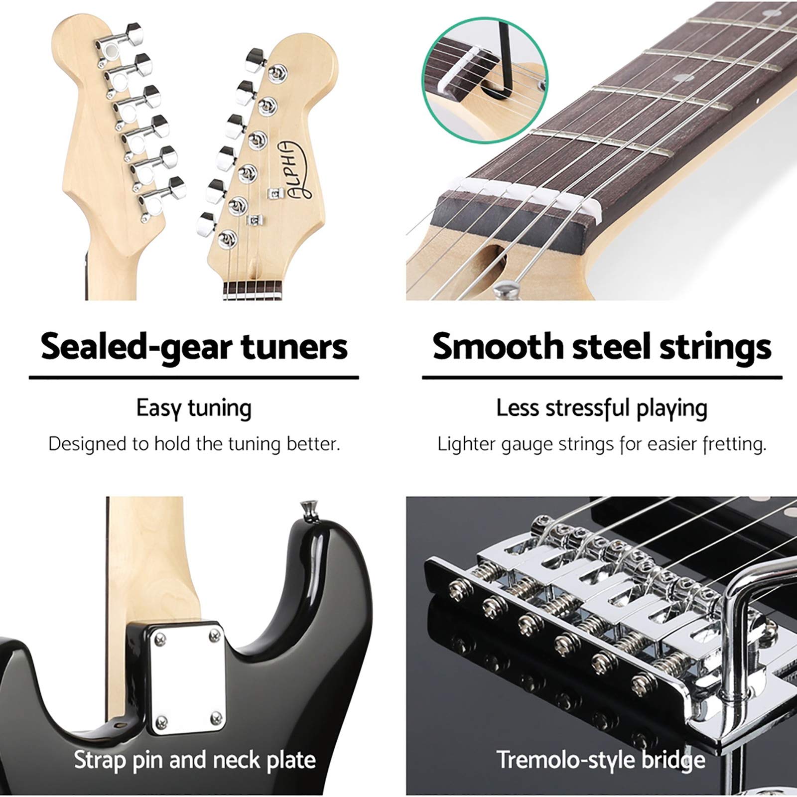 Alpha Electric Guitar Music String Instrument Rock w/Carry Bag, 3m