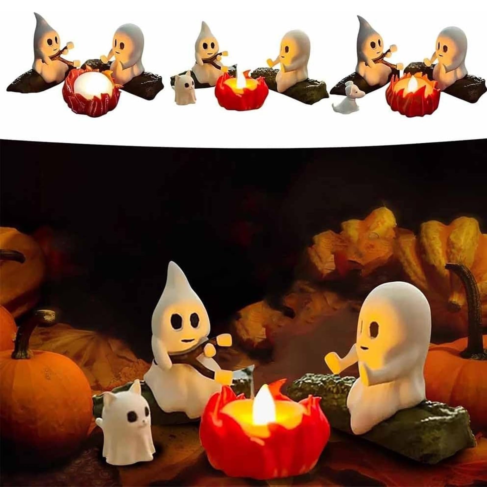Ghost Campfire lampka nocna, 3D duch, ognisko, migocząca lampka nocna, zabawna dekoracja na Halloween, urocza przytulna upiorna statuetka, lampka nocna do domowego kominka lub biurka (wszystkie)