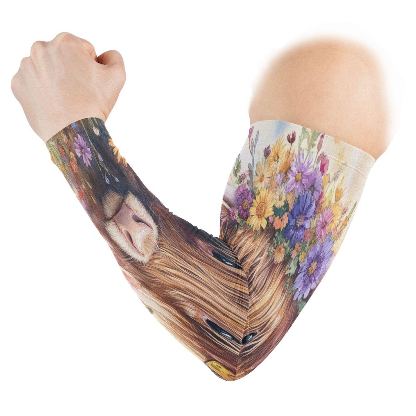 Kigai Flowers Highland Cow UV Sun Protection Arm Sleeves for Men Women Cooling Compression Sports Arm Sleeves Tattoo Cover Up