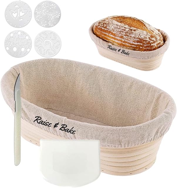 Raise & Bake - Oval Sourdough Proving Basket - Large 10 inch / 25 cm Banneton for up to 500g of Dough- Starter Kit with Lame, Scraper, Liner & Stencil - For Baking & Proofing Artisan Bread