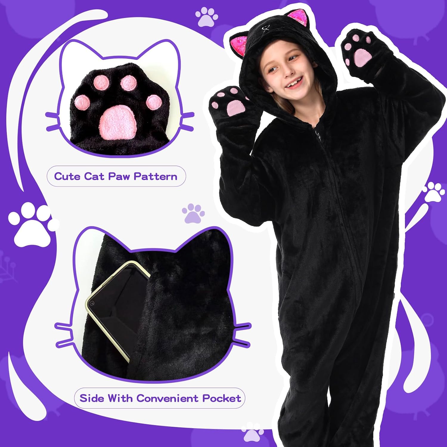 ACTLATI Black Leopard Cat Costume for Kids Halloween Jumpsuits Girls Boys Animal Cosplay Party One Piece Romper Age 6-13
