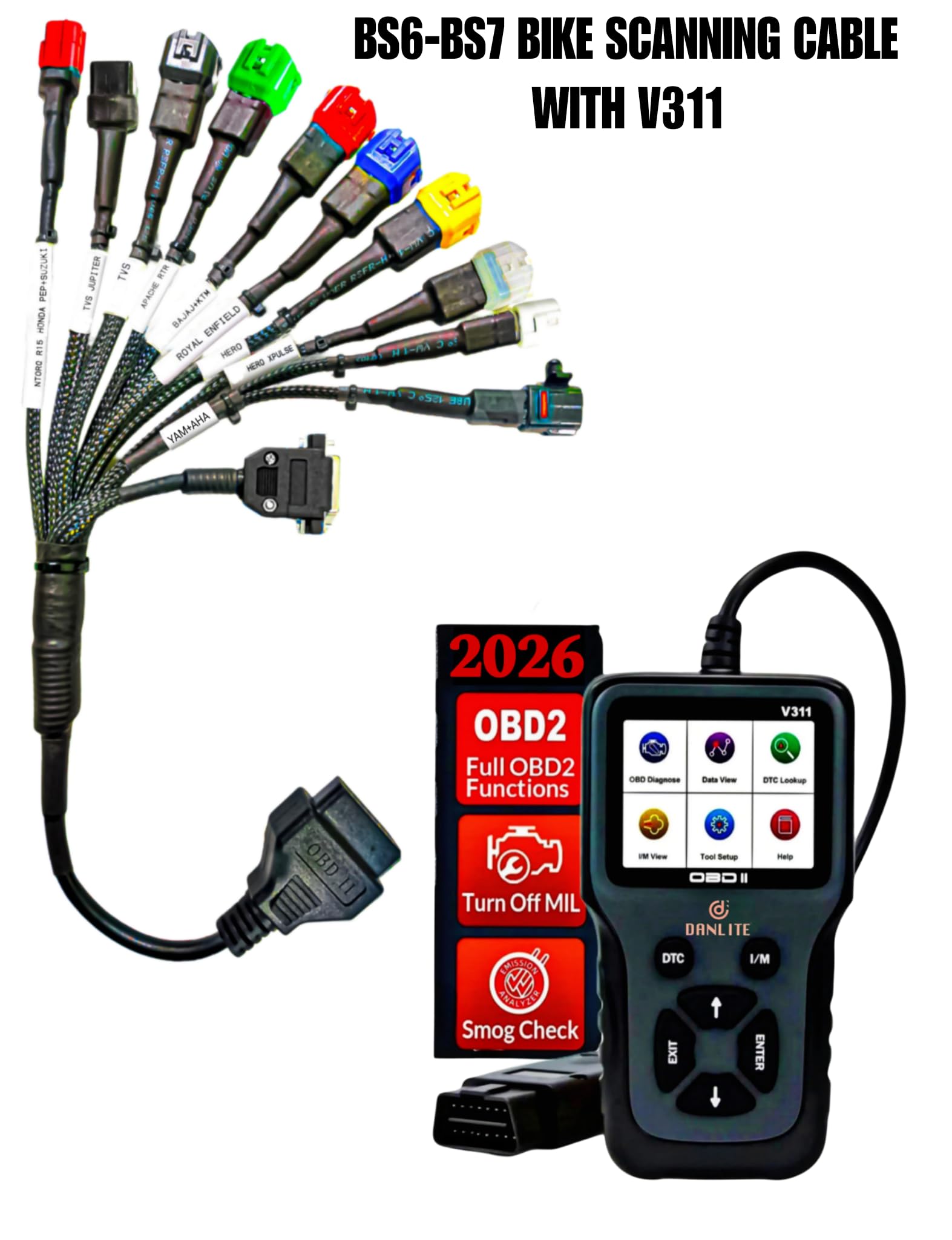 DANLITE TOOLS TECHNICIAN Bs6 Bike Cable 11 Cord Cable Fast Connectivity with V311 Scanner ELM OBD Scanner Free Continuity Tester — Amazon image 2