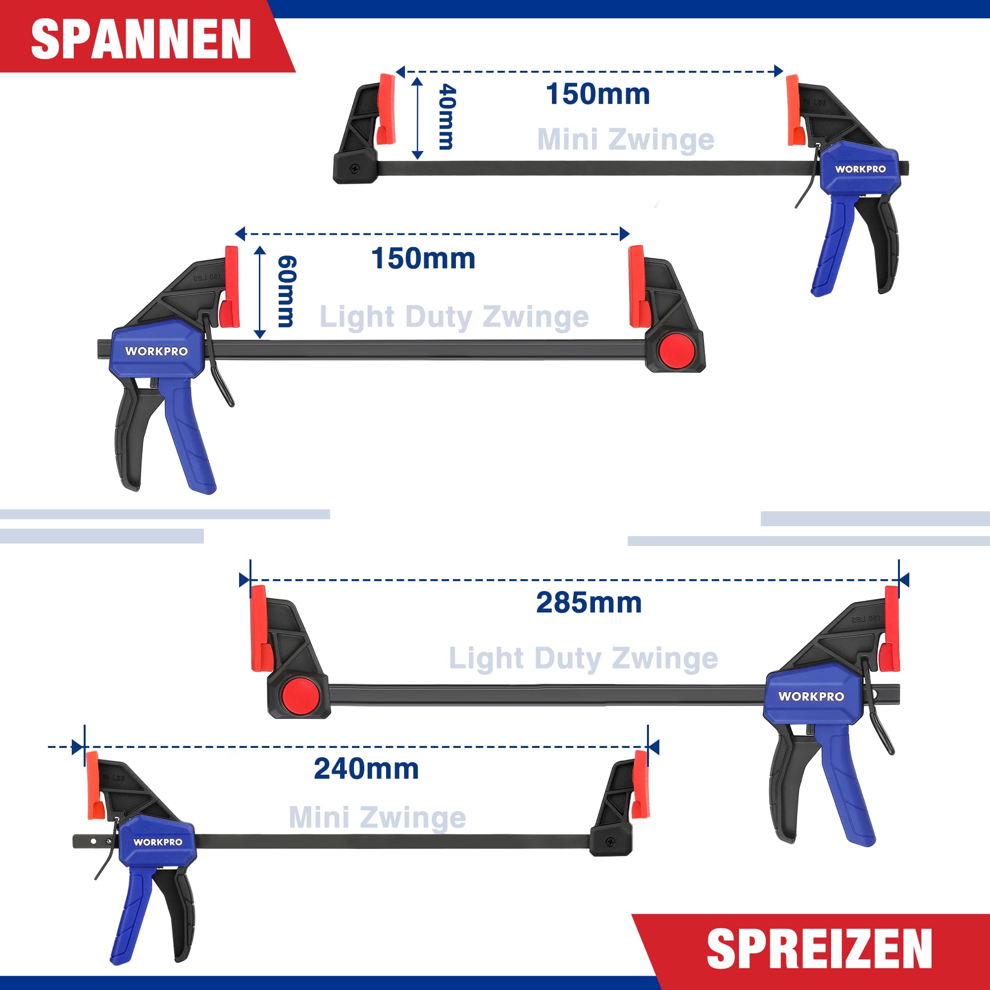WORKPRO Einhandzwingen Set 6 Stück, 150mm Schraubzwinge Set Spannkraft 22,5kg/68kg, Spannweite 150mm, 4 Klassik & 2 Mini Schraubzwingen für präzises Fixieren und Holzarbeit