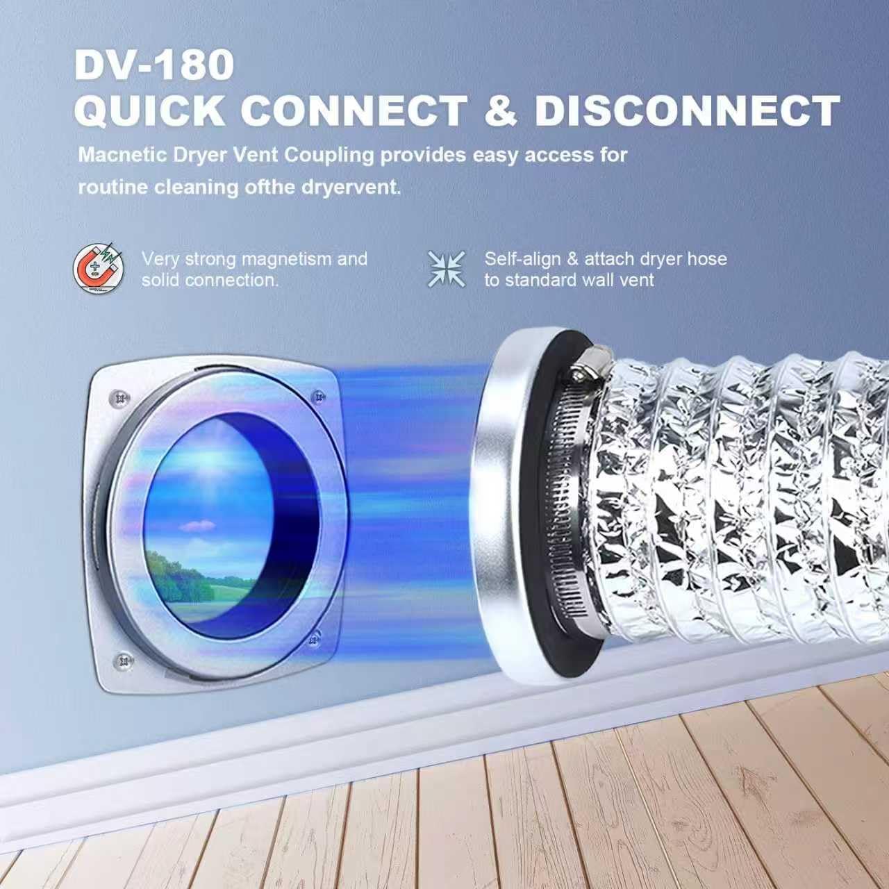 DV-180 Magnetic Dryer Vent Connector Kit, Magnetic Dryer Vent Coupling, Strong Magnet Self-Alignment/Quick Connect and Disconnect/Easy to Clean,Includes 3.1ft/ 4" Duct & two Clamps (Silver)