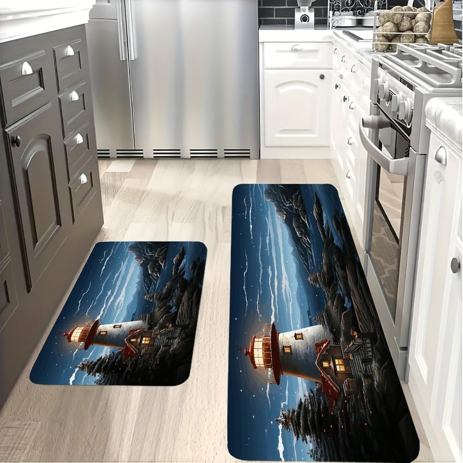Santa Claus Lighthouse Kitchen Mat Washable Non Slip Rugs Soft Kitchen Mats for Floor Set of 2 PCS Cushioned Absorbent Runner Standing Rugs for Home Sink Laundry Office