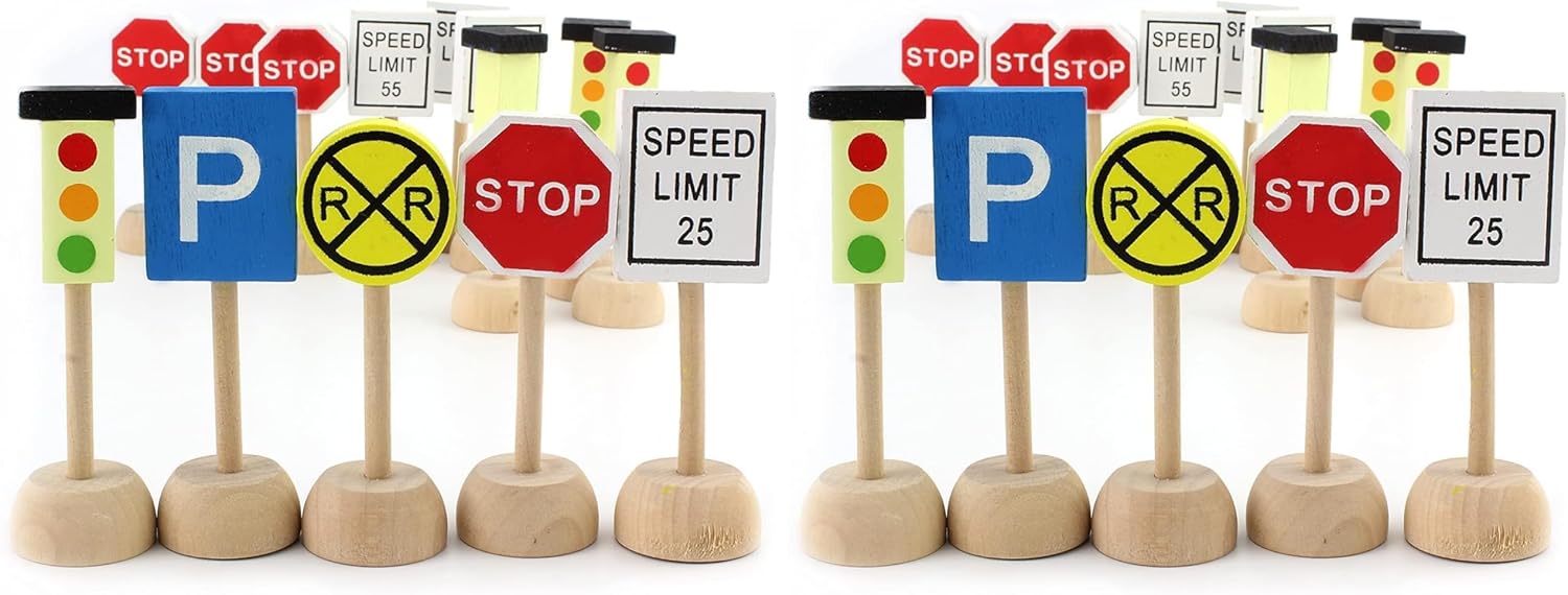 Attatoy Kids Wooden Street Signs Playset (14-Piece Set), Wood Traffic Signs Perfect for Car & Train Set (Pack of 2)