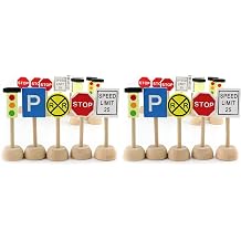 Attatoy Kids Wooden Street Signs Playset 14-Piece Set, Wood Traffic Signs Perfect for Car & Train Set Pack of 2