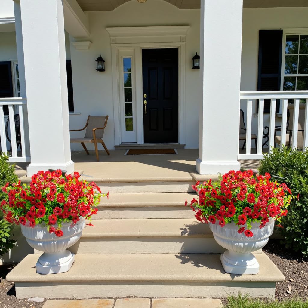 Artificial Faux Plants Flowers Outdoor Spring Summer Decoration,12 Bundles Fake Silk Colorful Daisy Eucalyptus Realistic UV Resistant for Outside Home Planter Porch Patio Yard Decor (Red) - Image 2