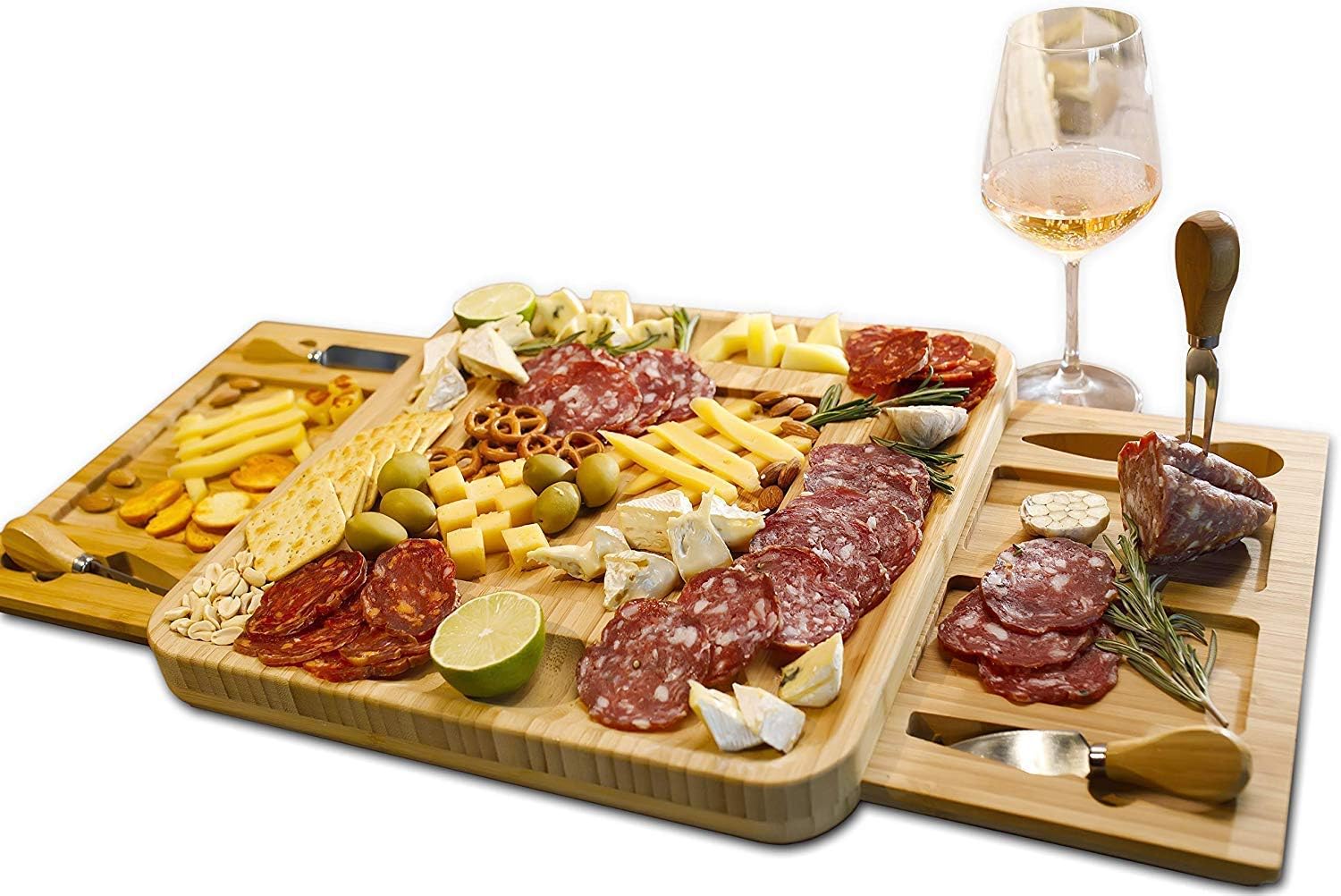 Bamboo Cheese Board and Knife Set - Bamboo Cheese Server Board With 2 Drawers - Smooth & 100% Natural Wooden Surface