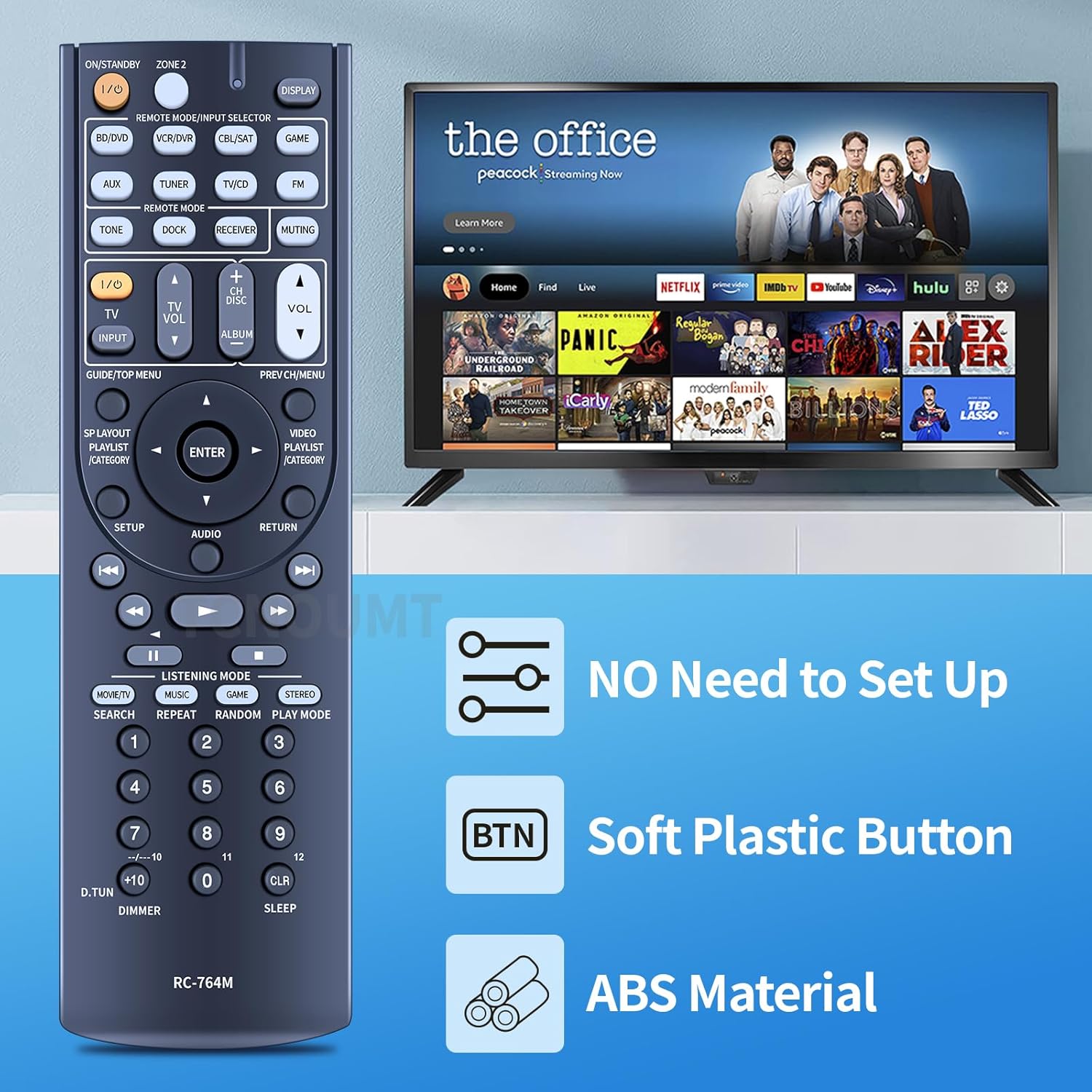 Remote control being used with a television displaying streaming content.
