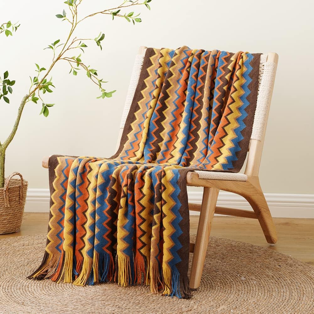 BATTILO HOME Boho Throw Blanket Knit Tassel Decorative Throw Blanket Lightweight Mexcian Blanket Afghans Blanket for Bed Couch Sofa, 50"x80" (Orange)