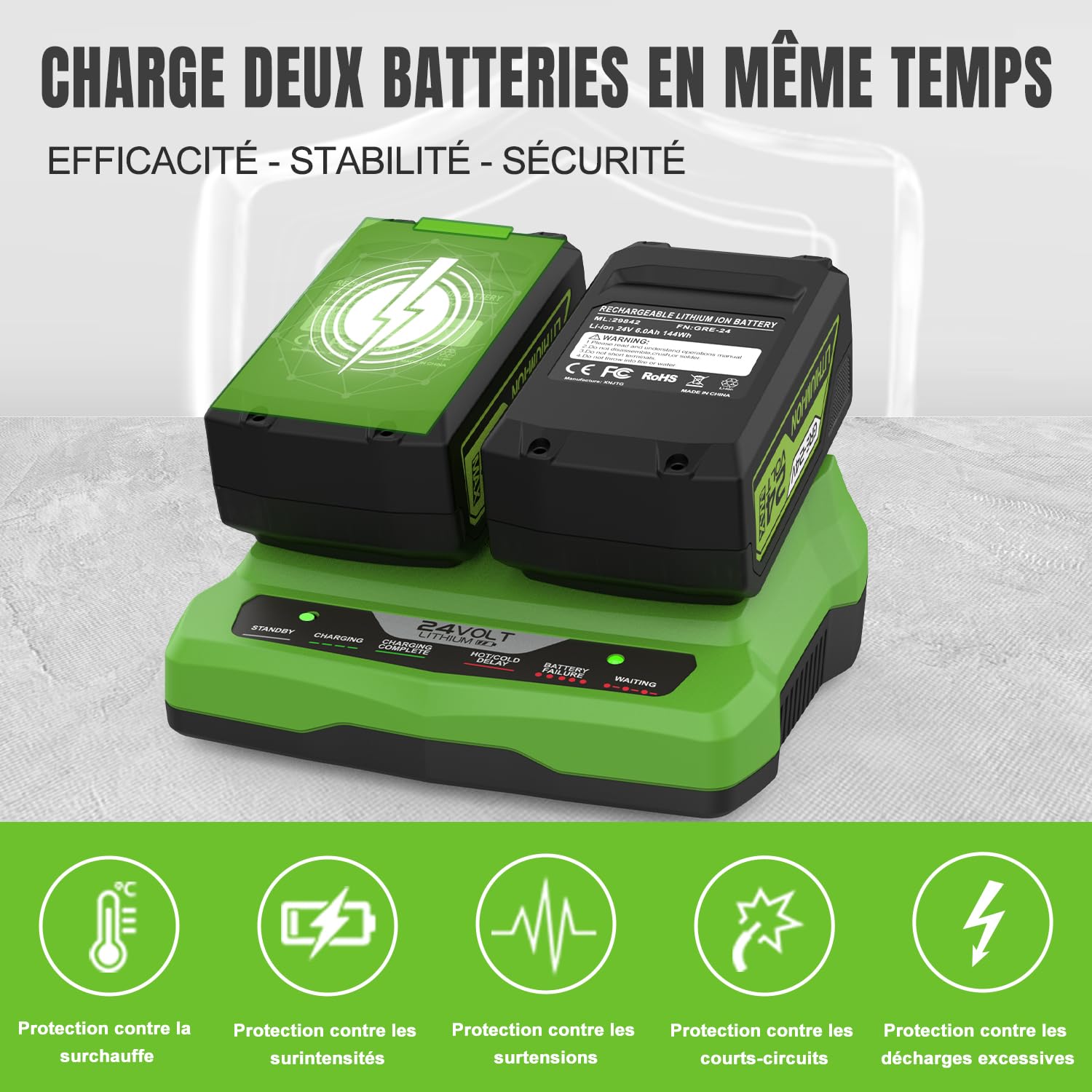 Chargeur Double-Port 24V pour Greenworks G24X2UC2 G24X2C G24C