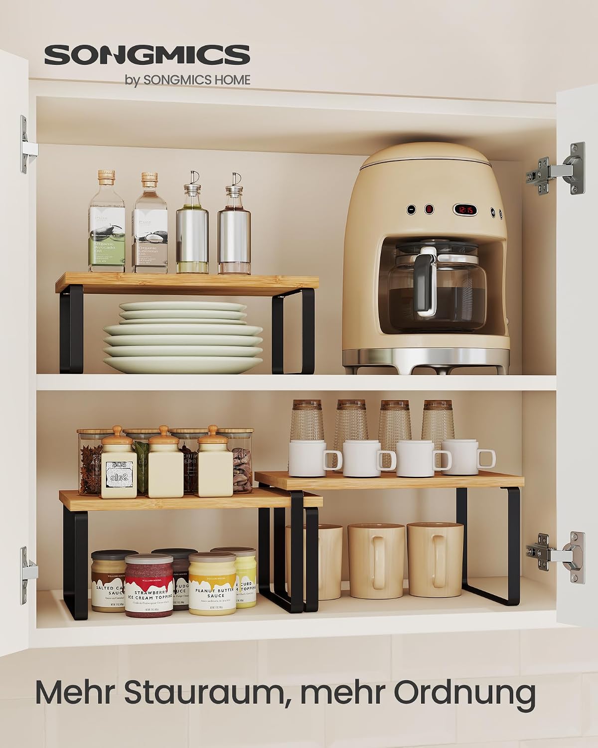 SONGMICS Spice Rack, Set of 3 Kitchen Organisers, Kitchen Shelves, Stackable, Expandable, Metal and Wood Material, Ink Black/Natural Beige, KCS014YL03 19,5T x 29,7B x 15,8H cm Ink Black + Natural Beige