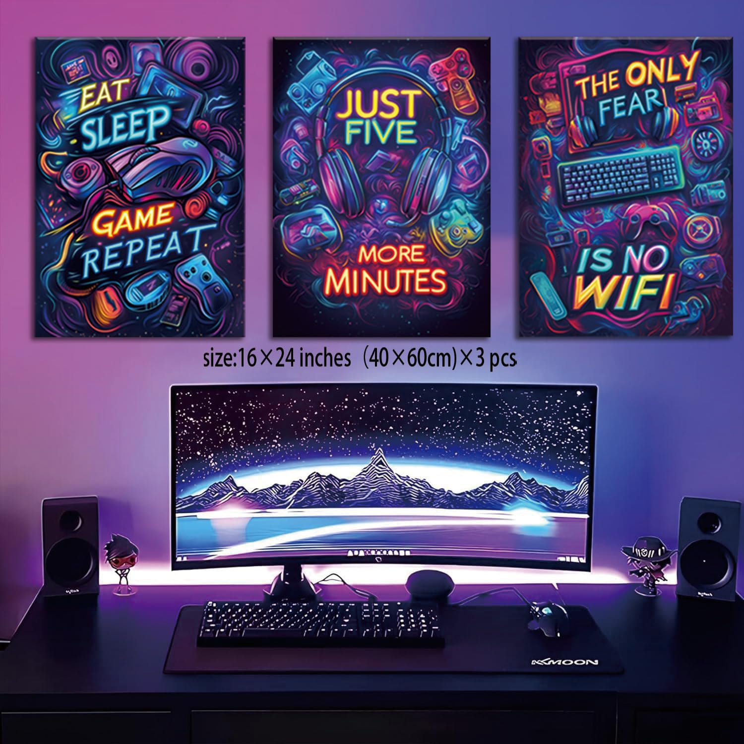 Yolbcdr Neon Gaming Canvas Wall Art Set di 3, 40,6 x 61 cm | Decorazione da parete colorata per videogiochi, set di poster per videogiochi al neon, stanza dei giochi