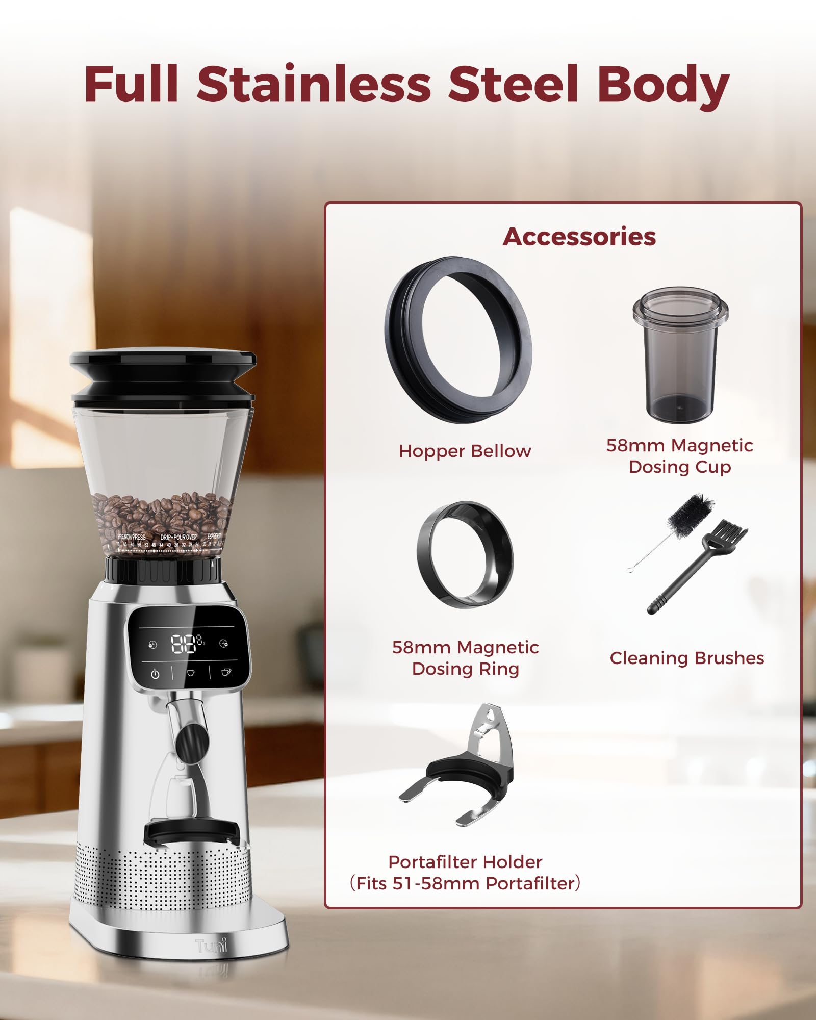 Tuni G2 Conical Burr Coffee Grinder, 70 Grind Settings, Stainless Steel | Electronic Anti-static Burr Grinder with Precision Timer LED Touchscreen for Espresso/Drip/Cold Brew/French Press, Silver