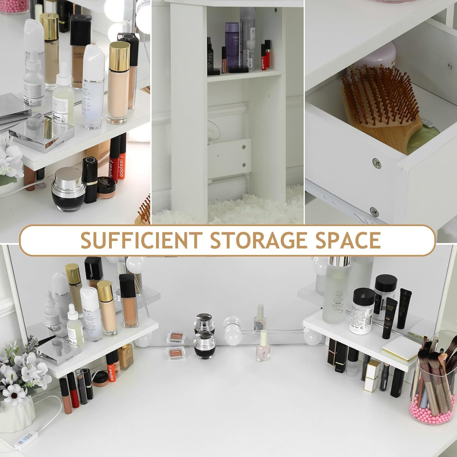 Vanity Desk with Mirror and Lights, Makeup Corner Vanity with 5 Storage Drawers Shelves and 3 Dimmable Lighting Options and Vanity (Black)