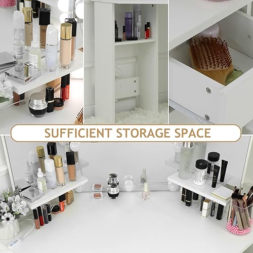 Miniatura 8 de Escritorio de tocador con espejo y luces, tocador de esquina de maquillaje con 5 cajones de almacenamiento y 3 opciones de iluminación regulable y