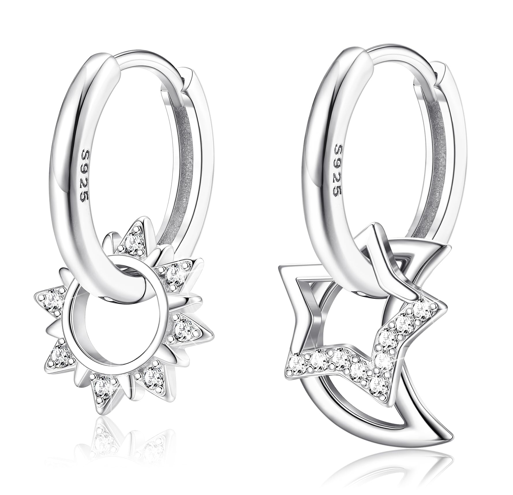 AdramataPendientes de Plata Niña – Pendientes Colgantes CZ Pendientes Estrella y Luna, Pendientes Asimétricos Hipoalergénicos para Orejas Sensibles, Pendientes Aro Plata Mujer