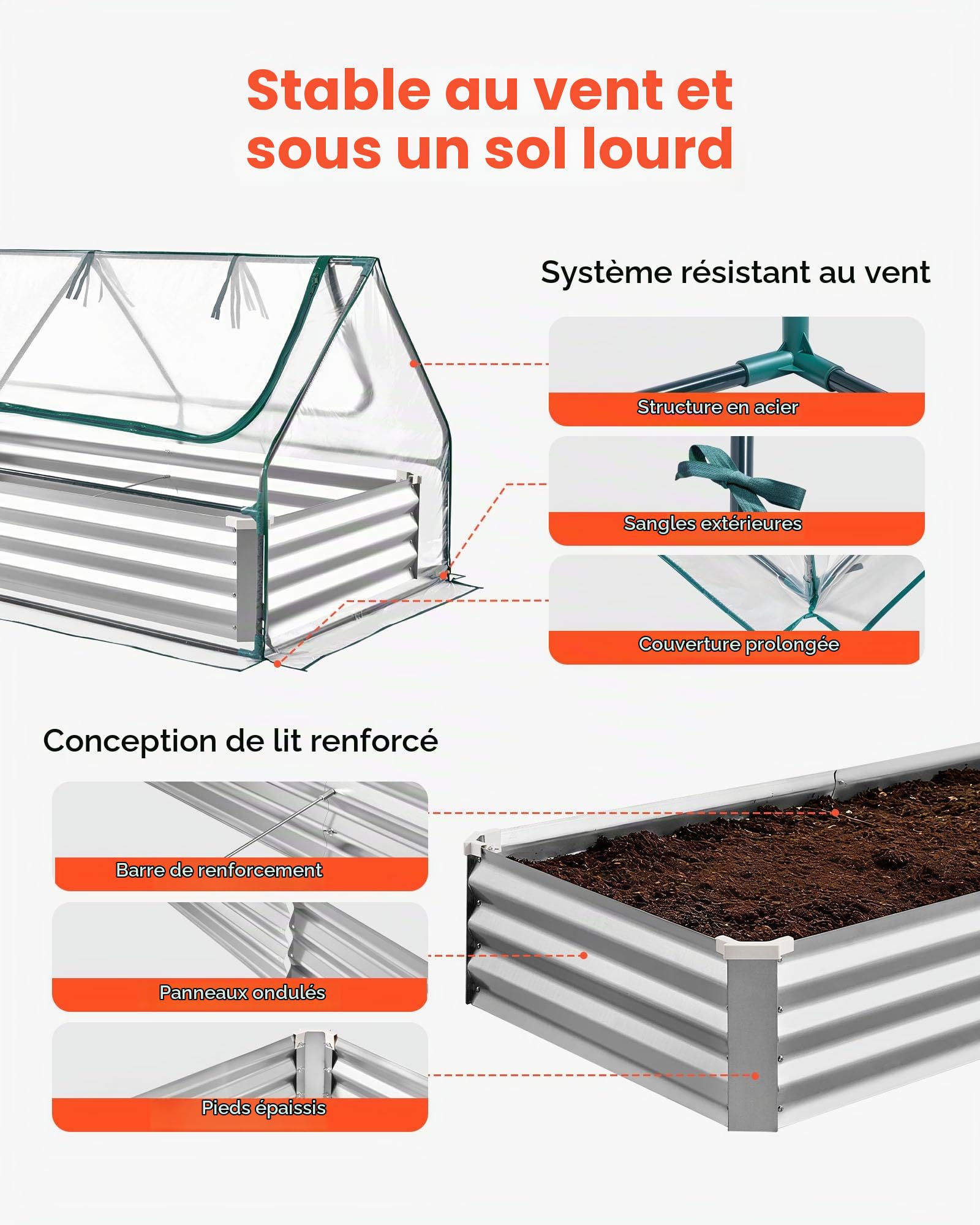 VEVOR Potager Surélevé Métal avec Bâche de Serre Carré Potager Surélevé 180x90x30 cm Lit de Jardin Rectangulaire pour Culture Légumes Fleurs, Fond Ouvert, Galvanisé Aluminium-zinc, avec Gants, Argenté