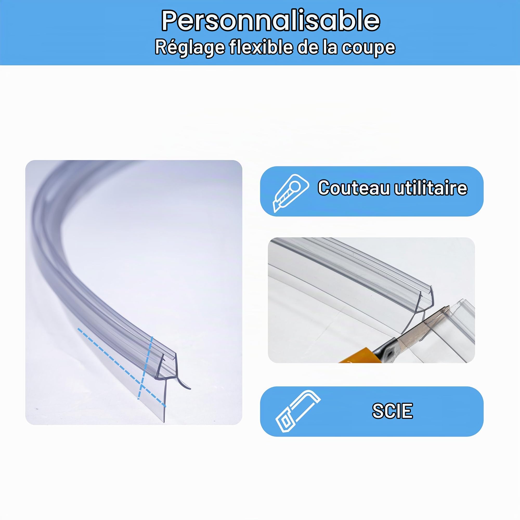 Lot de 2 joints d'étanchéité pré-courbés de 90 cm pour porte de douche en verre incurvé de 4 à 6 mm, jusqu'à 20 mm d'espace