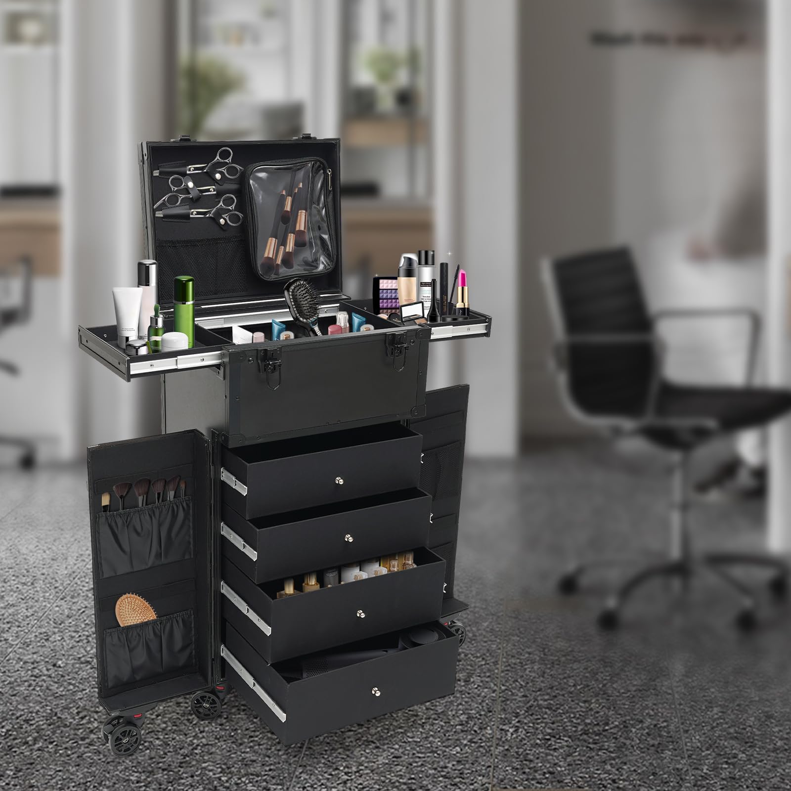 Kosmetik Trolley Kosmetikkoffer Friseurkoffer mit 4 Schubladen Make up Koffer Groß Schminkkoffer Nagelkkoffer Beauty Case Friseur Box Multikoffer Dunkelschwarz mit 6 Rollen