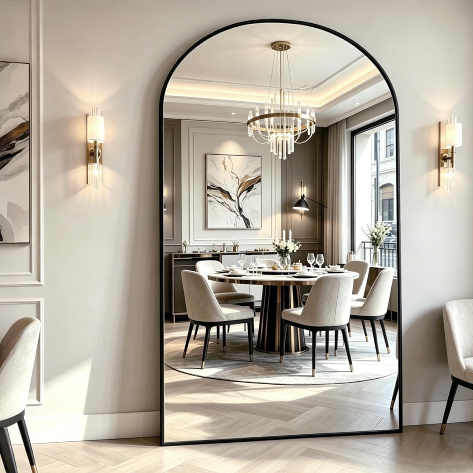 GTYZZH Full Length Mirror, 218x102cm Arched Free Standing Full Body Mirror with Tempered Glass, Leaning or Hanging Large Mirrors for Bedroom, Living Room, Cloakroom, Black