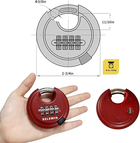 Miniatura 2 de DELSWIN Candado de combinación para exteriores, cerradura de disco resistente de 4 dígitos con grillete endurecido, candado combinado para puerta,