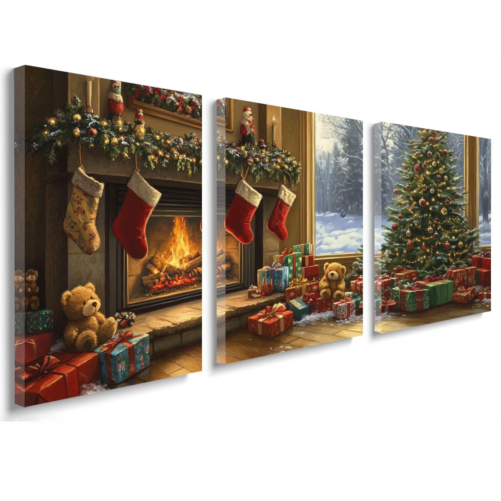 3 Pcs Cadre en Bois Impression sur Toile, Tableau Decoration Murale, Tableau Noël Affiche Decoration Murale Hiver Poster et Arts Décoratifs Triptyque Salon Chambre Prêt a Accrocher 30x45 cm 1f-195