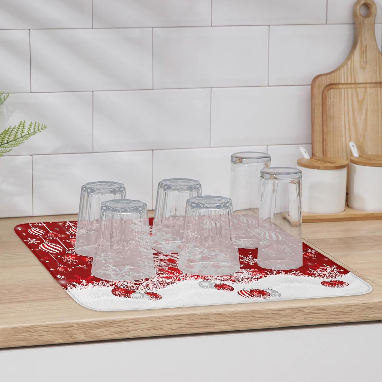 Christmas Tree Dish Drying Mat for Kitchen Counter Red Christmas Balls Drying Pad Absorbent Drying Mats for Countertops Sinks Draining Racks Snowflake Drainer Xmas Holiday Decorations 18x24 Inch