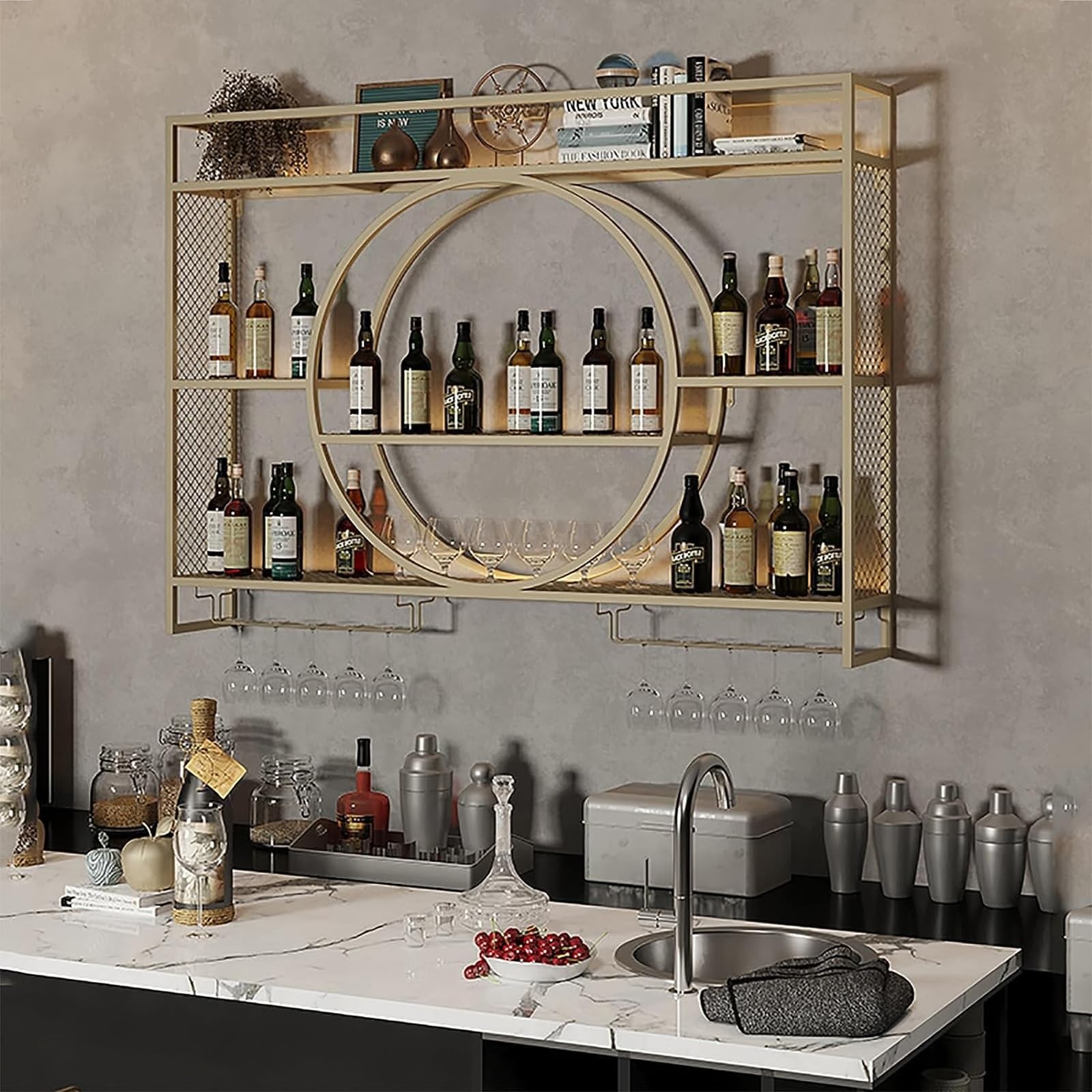 Étagère à vin murale avec support de verre en fer noir pour salon