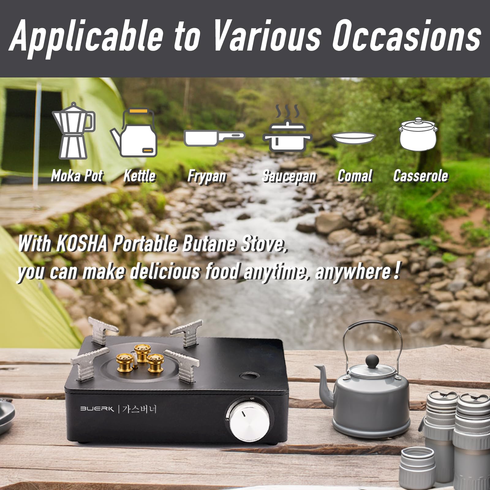 KOSHA Portable Camping Stove with Carrying Case, 3 Burner / 4 Burner Butane Stove, 11942 BTUs, with Piezo Ignition, Windproof, Cooking Accessories for Outdoor, Home