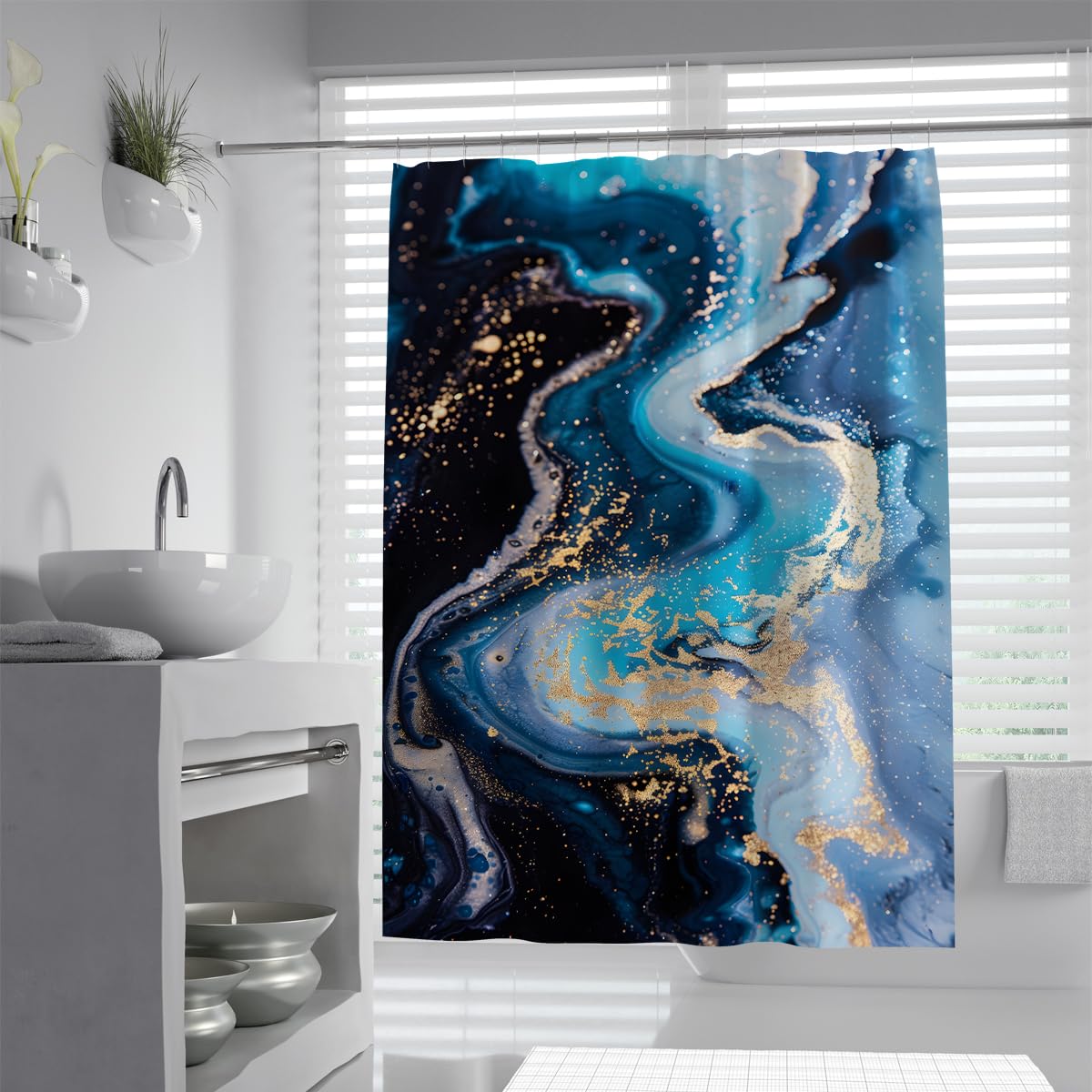 UIRINGART Contemporary Bathroom Bathtub Curtains W180xL200cm Abstract Deep Navy Teal Turquoise Blue Liquid Fluid Marble Swirl Pattern Quick Drying Fabric Shower Curtain With Hooks
