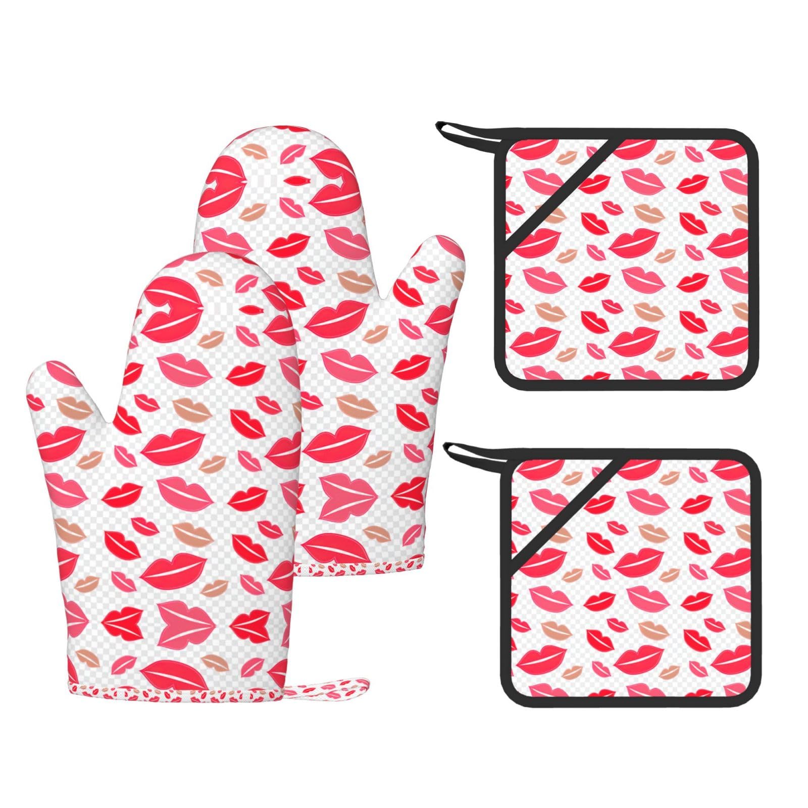 Lips Printed Pot Holders and Oven Mitts 4-Piece, Non-Slip Kitchen Gloves with Utensil Pocket for BBQ