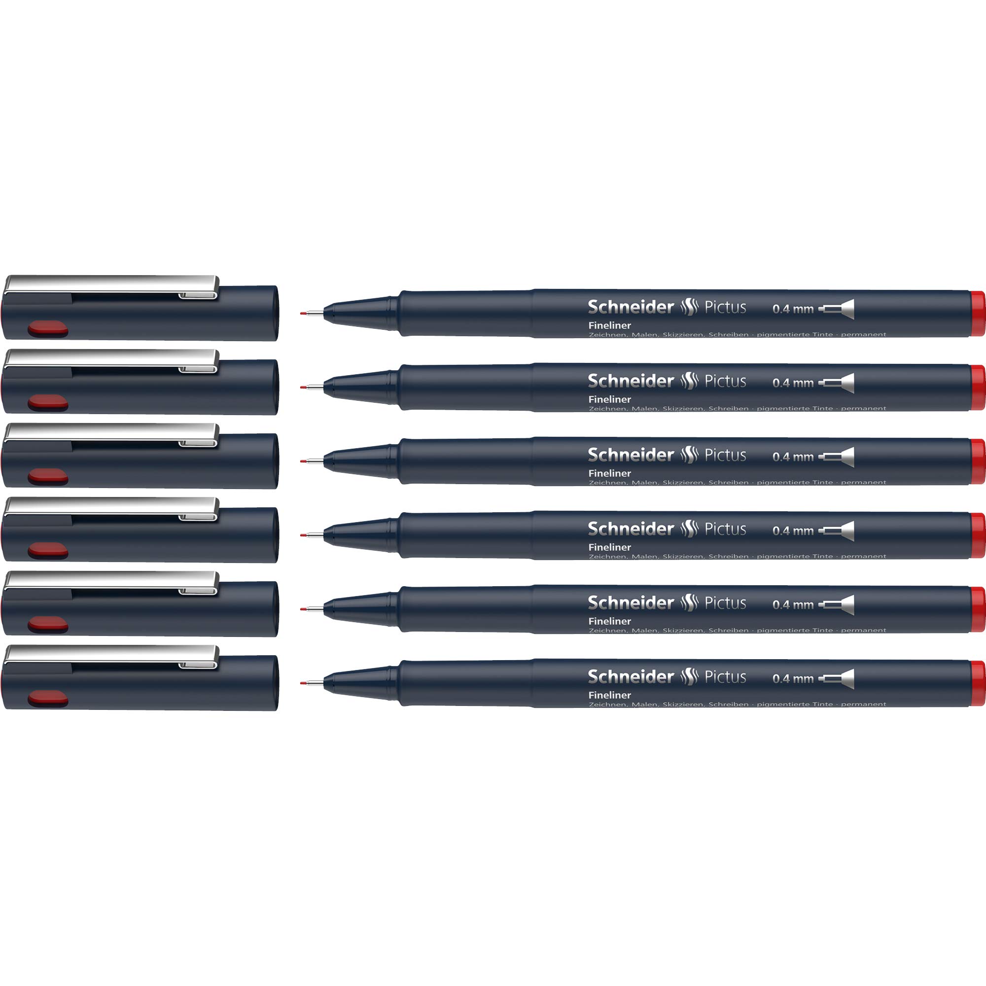 Schneider Pictus Fineliner (Line Width 0.4 mm, Indelible Pigment Liner, Metal-Encased Tip, 85% Recycled Plastic Casing) Pack of 6, Red