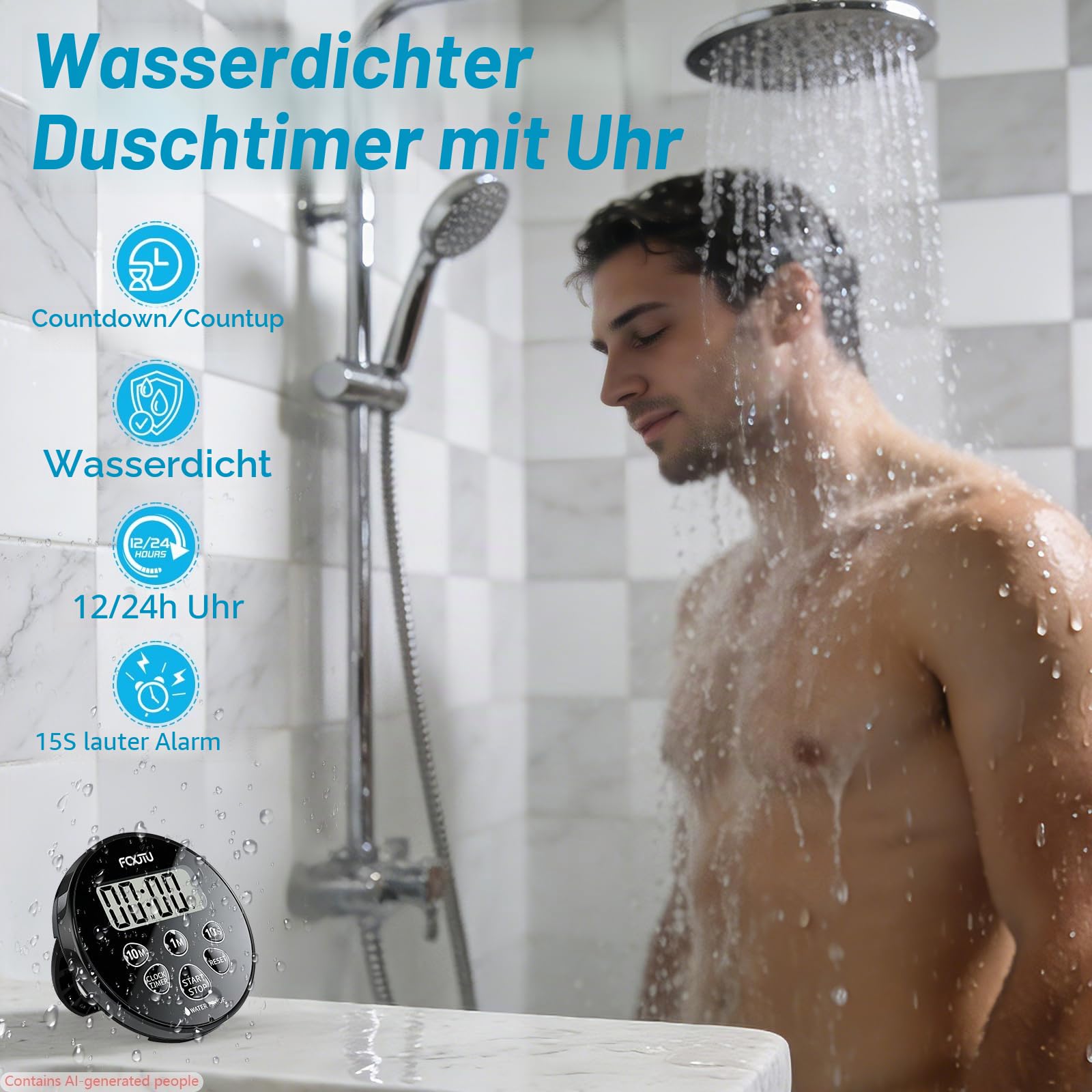 Digitaler wasserdichter Duschuhr-Timer, IPX7 Badezimmer-Dusche-Countdown-Timer, 12/24-Stunden-Uhr, einfache Einrichtung für Küchenpool mit Alarm, magnetischer Rückseite, Ständer, Dunkelschwarz