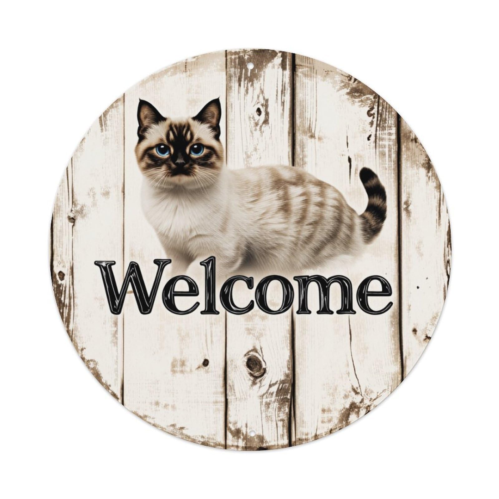 Cat On Wood Background Welcome Round Tin Sign Retro Metal Sign for Cafe Bar Pub Home Game Room Gym Club Wall Decoration Vintage Metal Poster 8x8 Inch
