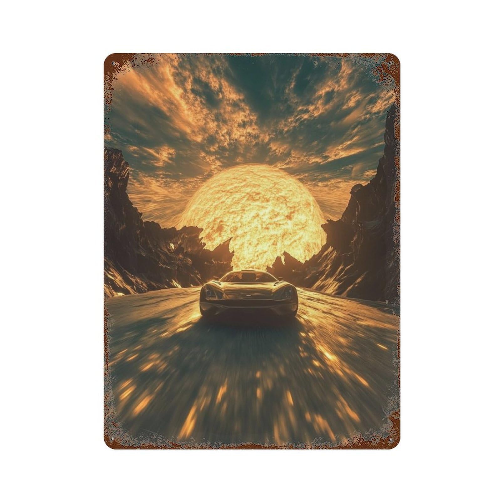 Vintage Rust Metal Sign with Sunset Drive Futuristic Car Adventure Design 15.7"x11.8", for Shed, Workshop And Garage Wall Decor, Retro Wall Decor