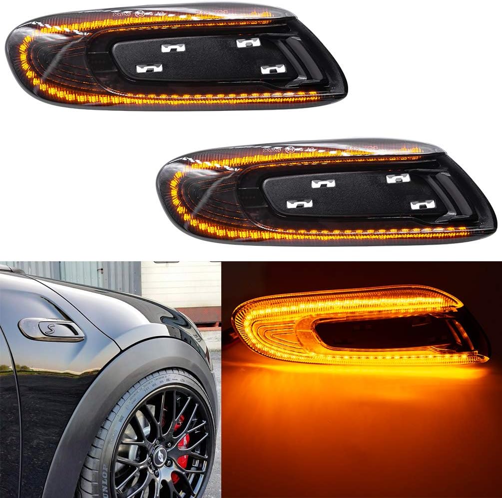 NJSBYL LED Fender Side Marker Light Kit for 2014-2020 MINI Cooper Hardtop F56/Convertible F57/Hatch F55 Dynamica Amber LED Sequential Turn Signal Sidemarkers Lamps Smoked Lens